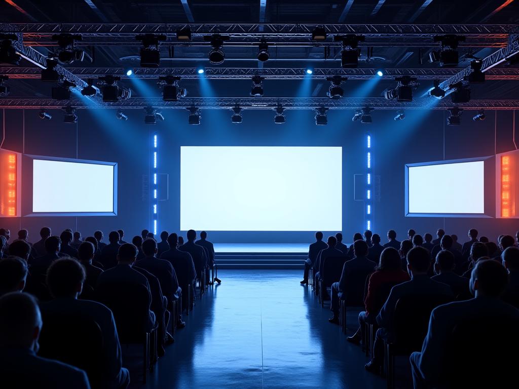 Evento corporativo con iluminación profesional y configuración técnica