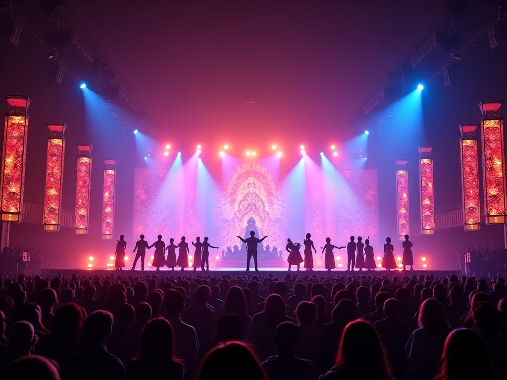 Festival cultural con escenario principal e iluminación espectacular