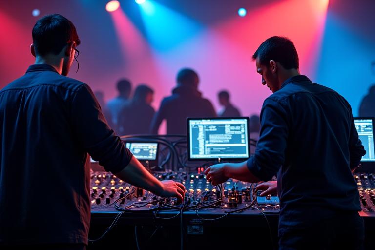 Equipo técnico configurando iluminación y sonido profesional