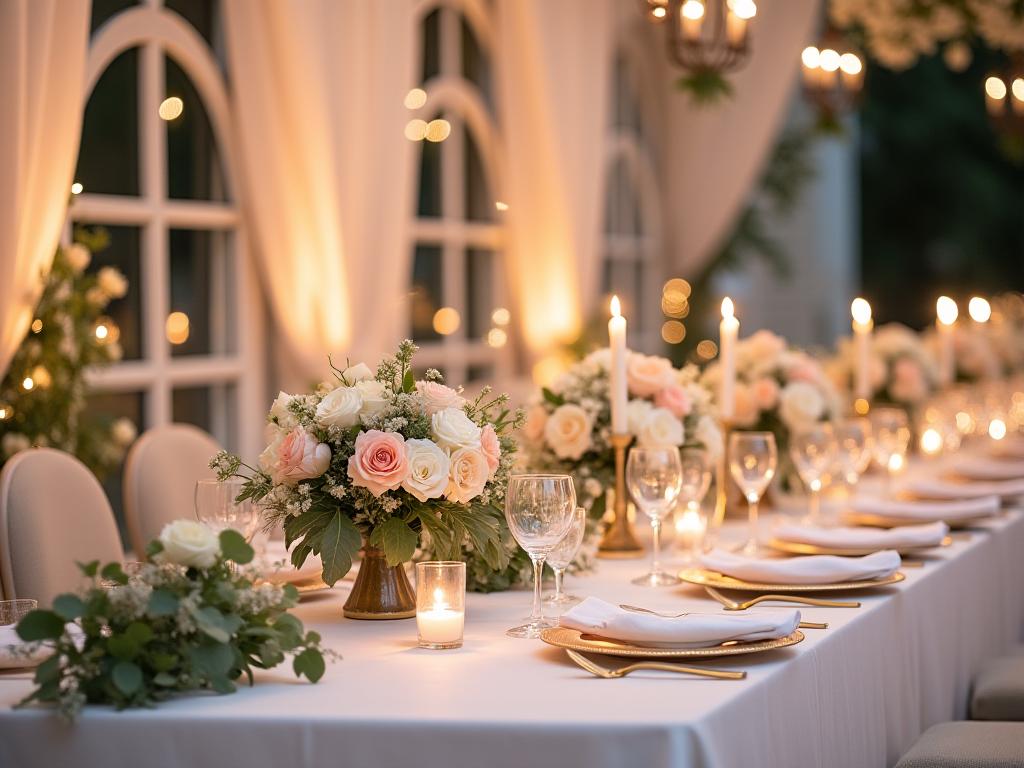 Recepción de boda con decoración elegante y ambientación romántica